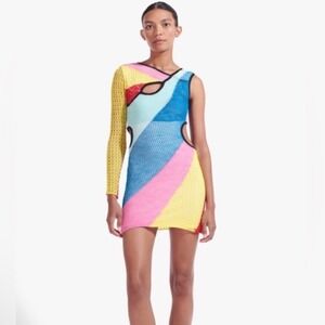 STAUD Women Multi Color Block Crochet Asymmetric Cut Out‎ Mini Dress Small
